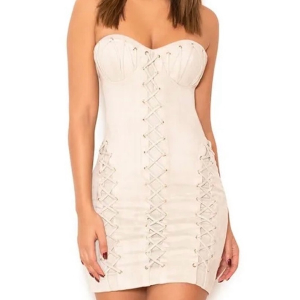 HOUSE OF CB Irvina Suedette Dove Gray Strapless Dress | S | Gray